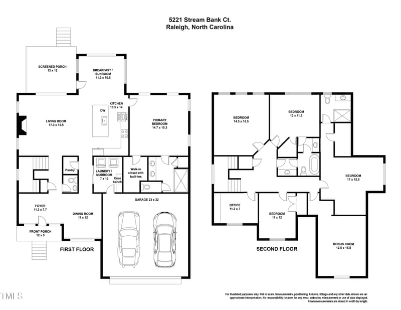 Black-and-white floor plan of two-story home showing first floor with living room, kitchen, primary bedroom, garage and second floor with five bedrooms, office and bonus room.